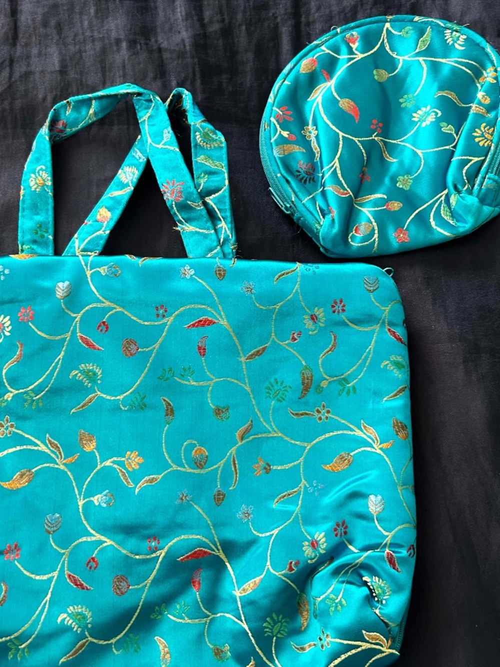 TOTE WITH MATCHING SMALL BAG, BLUE SATIN WITH FLOWER EMBROIDERY BOTH SIDES,